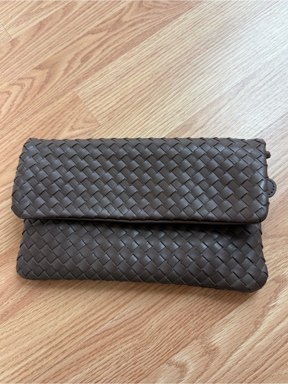 Quince Woven Leather Fold-Over Clutch in Dark Brown